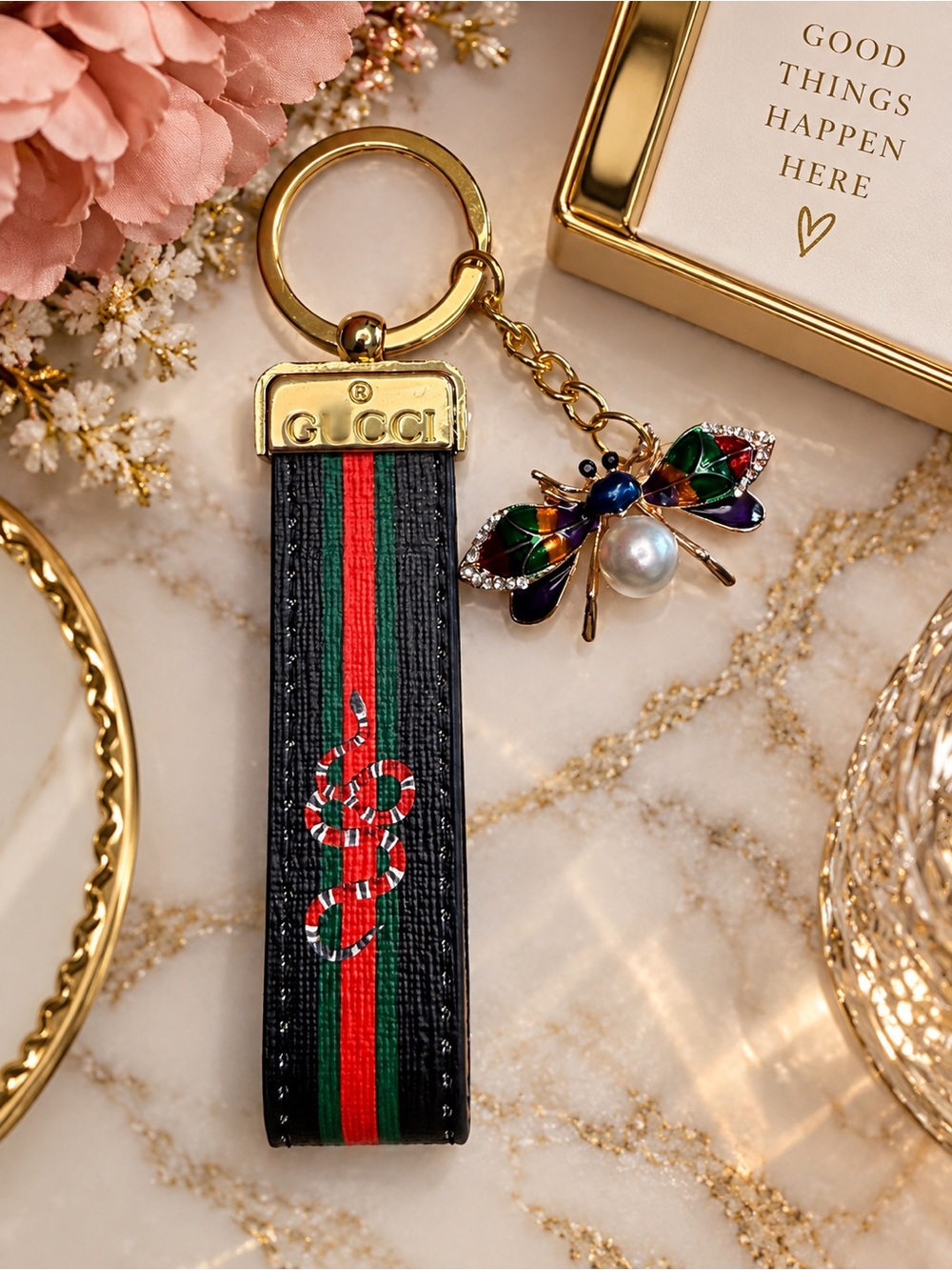 Handcrafted Black Red Green Stripe Snake Wristlet Keychain w/ Gold Bee Charm